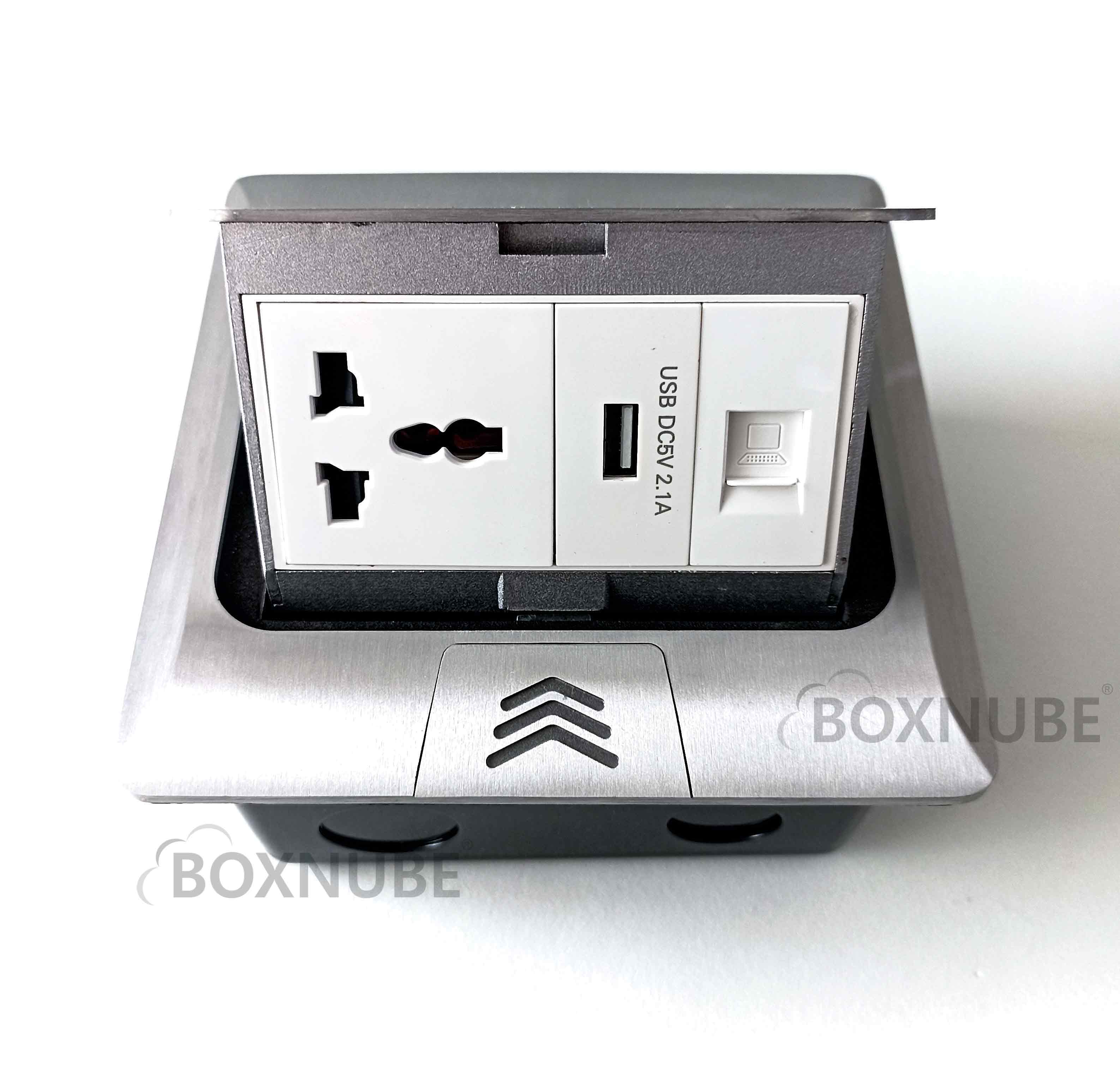 BOXNUBE Hydraulic Pop UP Box Cable Cubby Extension Board with Universal Power Socket, CAT6 LAN, USB Ports (Silver) BOXNUBE Hydraulic Pop UP Box Cable Cubby Extension Board with Universal Power Socket, CAT6 LAN, USB Ports (Silver)